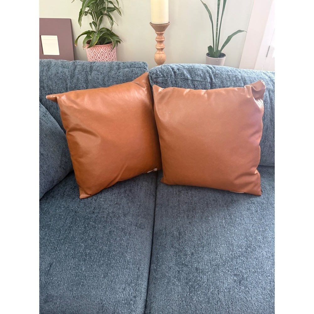 Woven Nook Pillow Covers Set of 2 Cognac Brown Faux Leather 18' Square Modern - Picture 3 of 16